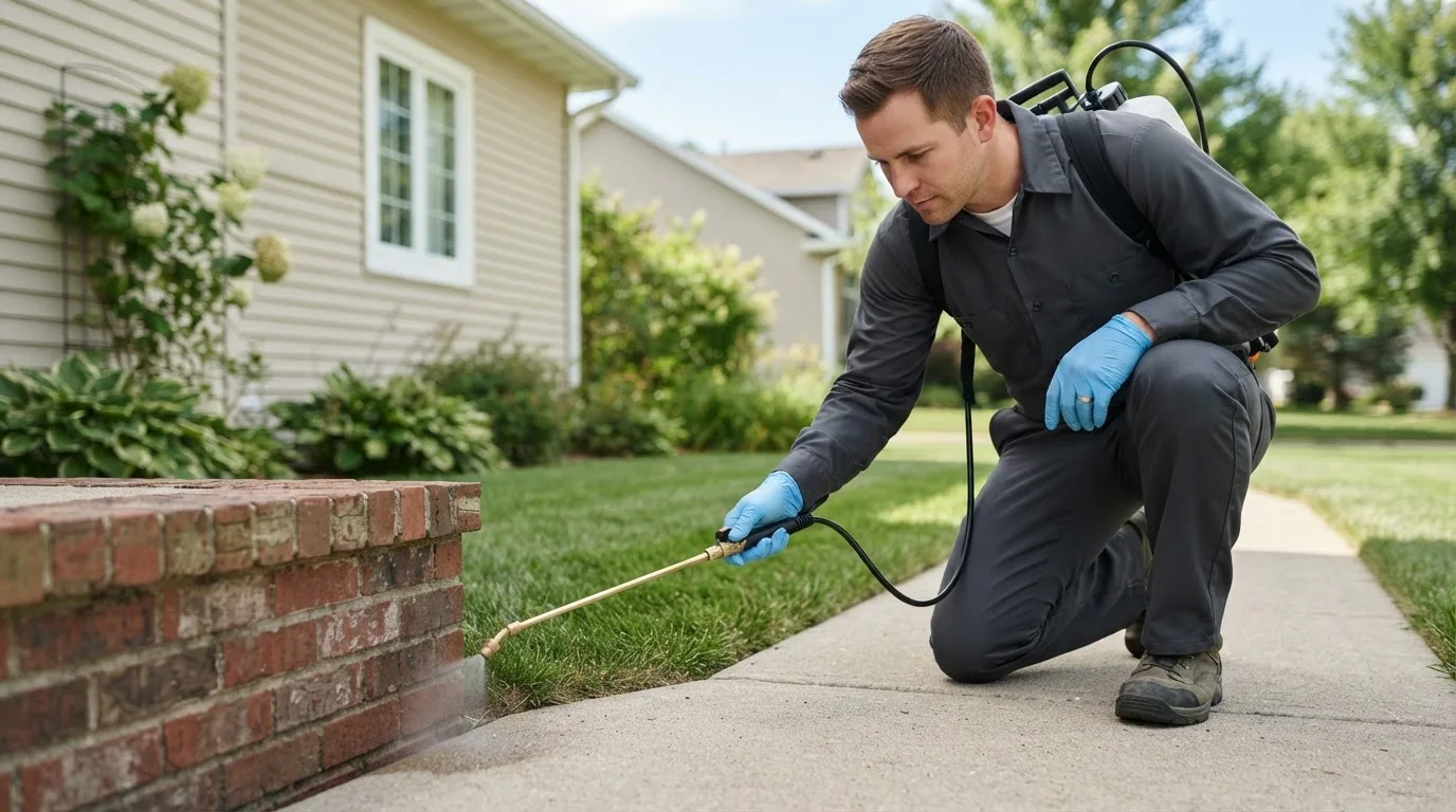 Pest control technician treating a home near Brownfield, PA